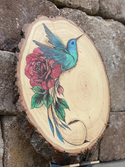 Hand-burned, hand-painted hummingbird plaque